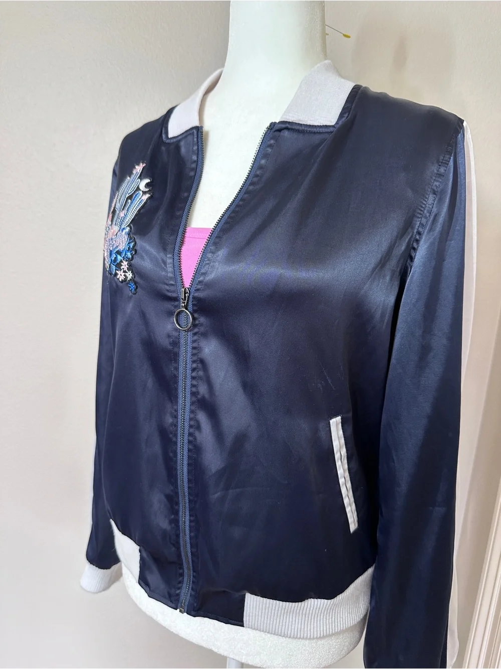 Juicy Couture Embroidered Cactus Satin Bomber Jacket Blue White Size M